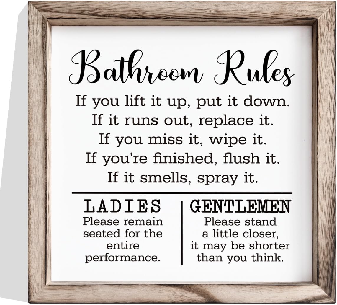 Funny Ladies and Gentlemen Bathroom Rules Wood Framed Farmhouse Decor Sign