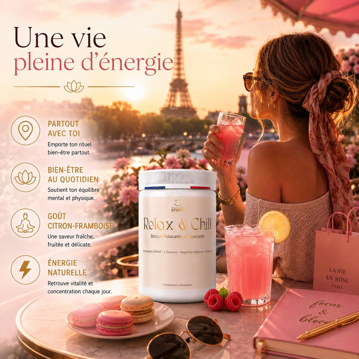 Relax & Chill Boisson Relaxation Anti-Stress/Ashwagandha KSM-66, L theanine, Magnesium Bisglycinate & Vitamine D/Baisse Cortisol & Stress, Améliore Détente et Qualité du Sommeil/Sans Cafeine ni Sucre