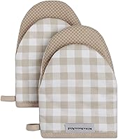 KitchenAid Gingham Mini Oven Mitts 2-Pack - Heat-Resistant Cotton with Silicone Grips, Milkshake Tan, 5.5x8 Inch
