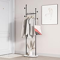 Vista 7 de Perchero de ropa dorado con estantes, perchero dorado independiente con base de mármol, perchero con árbol para sombreros y ropa de pie