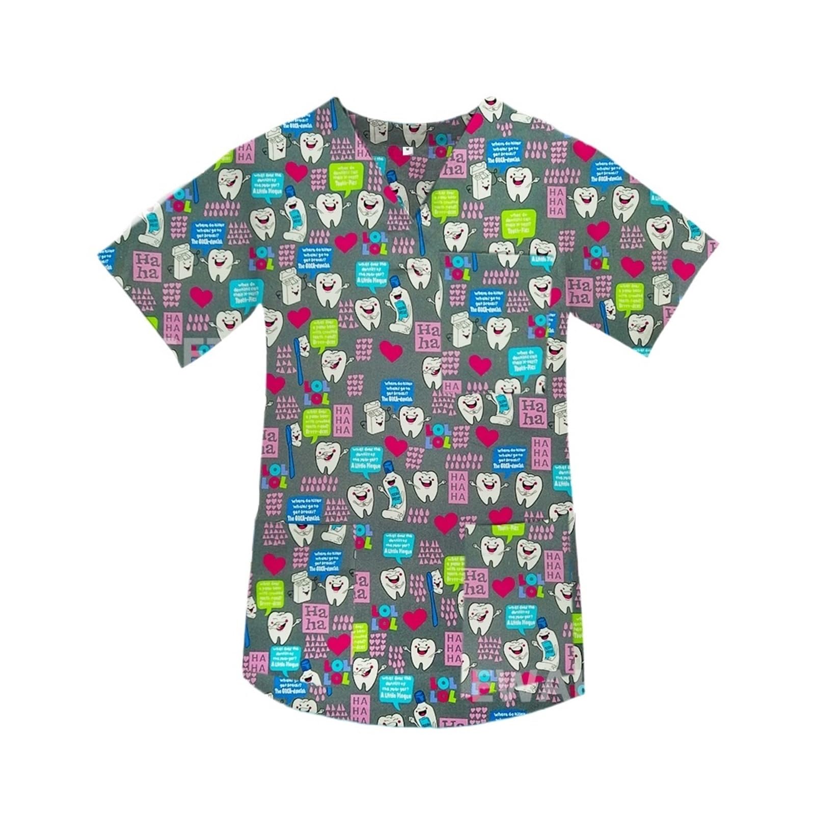 Uniforme Sanitario Mujer Uniformes de Trabajo Hospital, Blusa con Cuello en V for enfermería Estampado Dientes, Uniforme clínica Dental, Tops exfoliantes Manga Corta for Enfermera(Color13,XS)