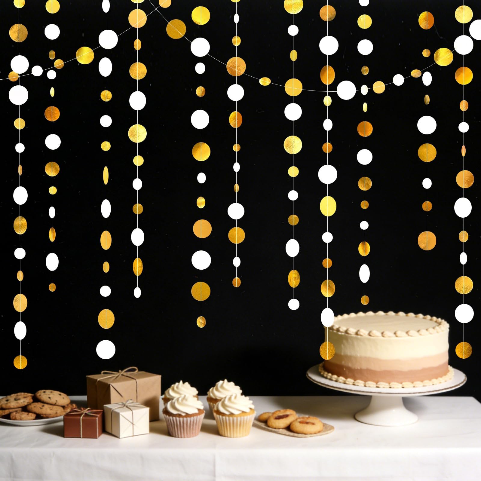 52Ft Circle Dots Garland Party Decorations, White Gold Hanging Paper Polka Dots Streamer, Circle Hanging Decoration for Birthday Wedding Christmas Engagement Graduation (Gold and White)