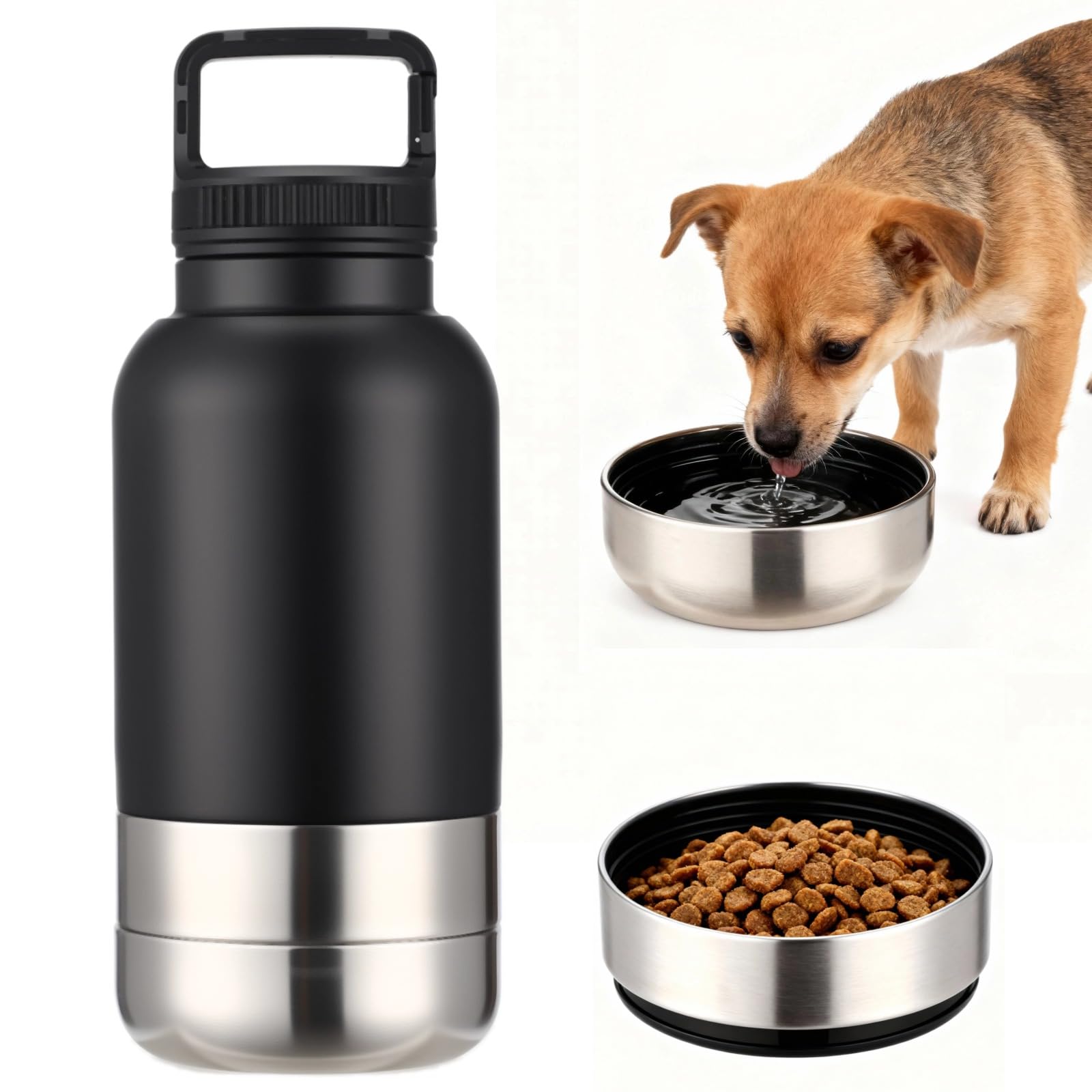 Borraccia termica per cani, 3 in 1, 1000 ml, in acciaio inox, con 2 ciotole staccabili, ciotola portatile per acqua e cibo, per passeggiate ed escursioni all'aperto