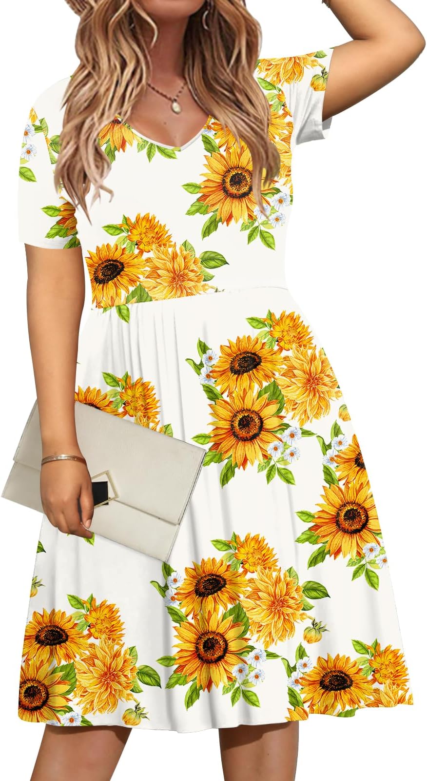 DB MOONWomen Plus Size Dresses 2025 Summer Casual V Neck Short Sleeve Knee Length Dress with Pockets XL