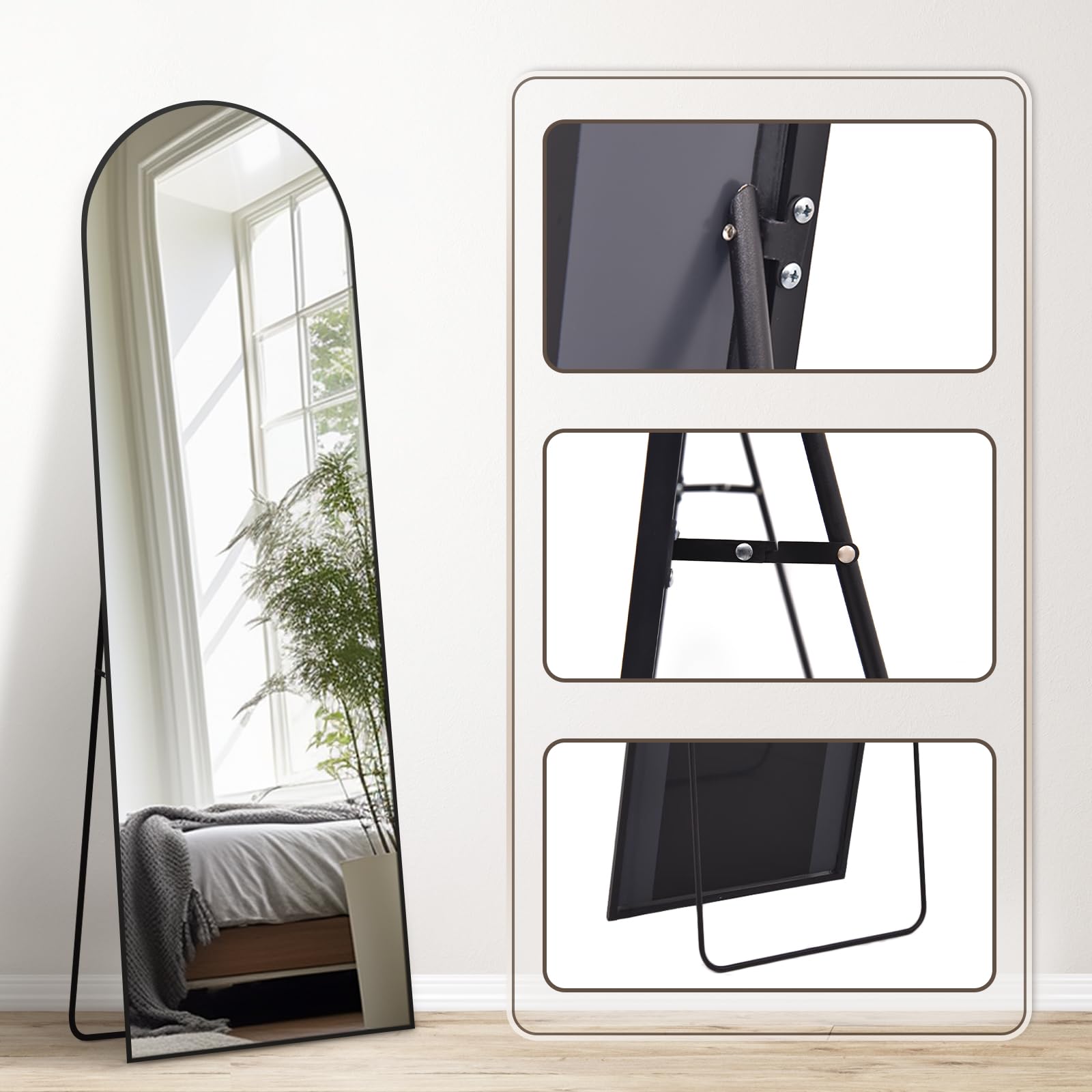 Melodieux Miroir Pleine Longueur, Arc, 147 x 44 cm, Grand Miroir autoportant, Cadre en Aluminium, Noir, pour Dressing, Salon, Chambre à Coucher
