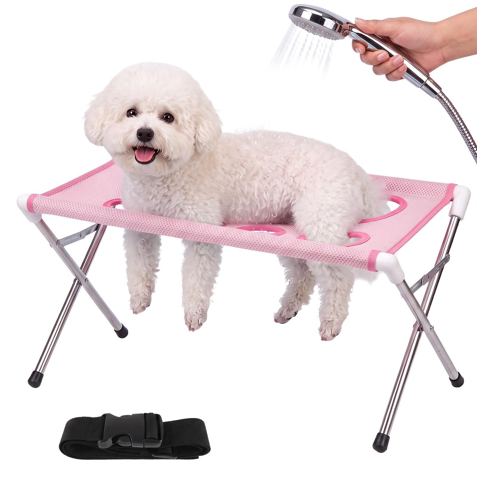 Kuanght Pet Grooming Hammock, Pet Bath Stool with Foldable Stand Pink