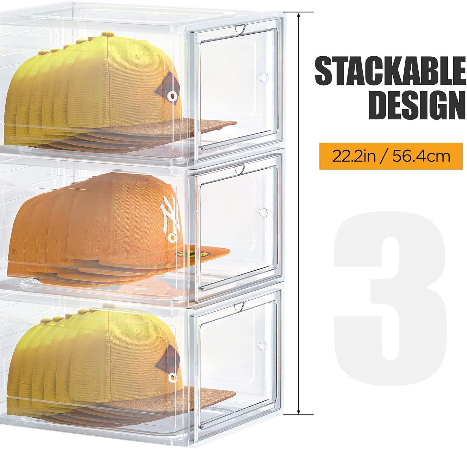 Hat Organizer Box, Stackable Clear Baseball Caps Holder Box Containers with Magnetic Door for Hats Snapback Cap Storag, Hat Rack Display Case, Holds 8 Hats Each (Clear, 6 Pack)