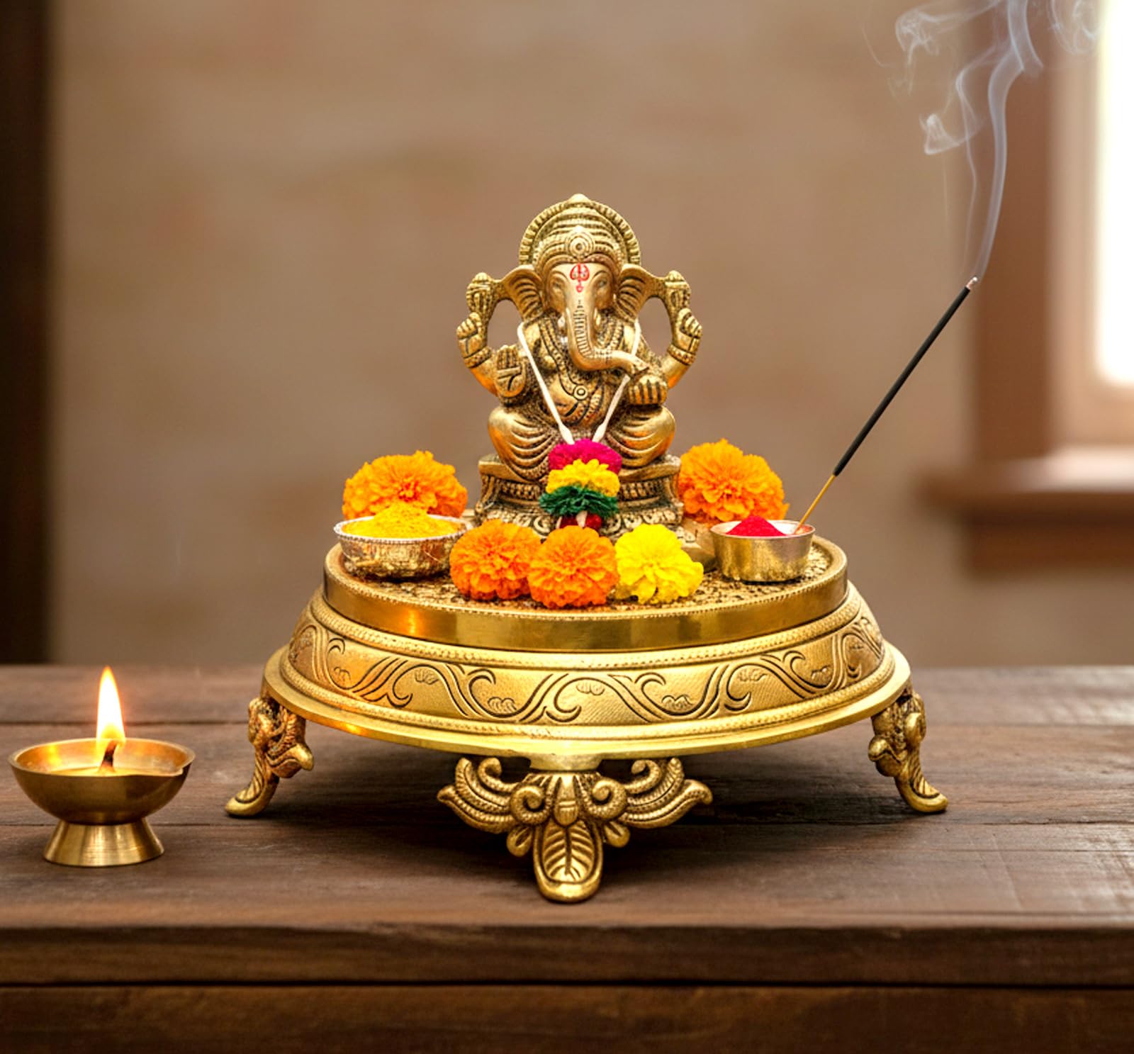ESPLANADE Brass Engraved Pooja Chowki – Antique Peetha God’s Stool, Lotus Design Handcrafted Brass Patla for Home Pooja Mandir (Round) 1