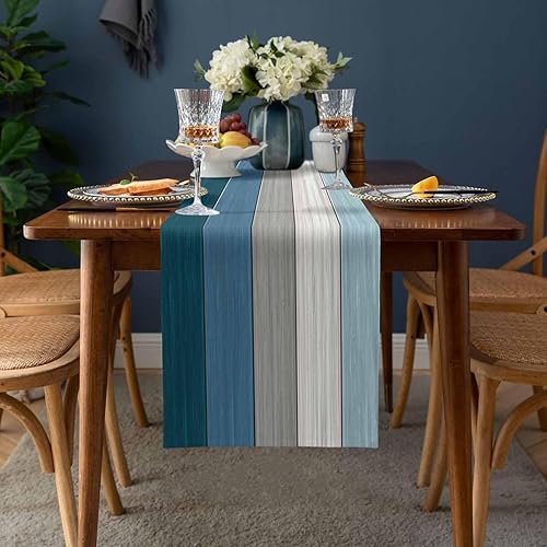 Miniatura 13 de Camino de mesa de algodón y lino estilo granja rústico retro, textura de madera de granero, color degradado marrón y gris, antideslizante,