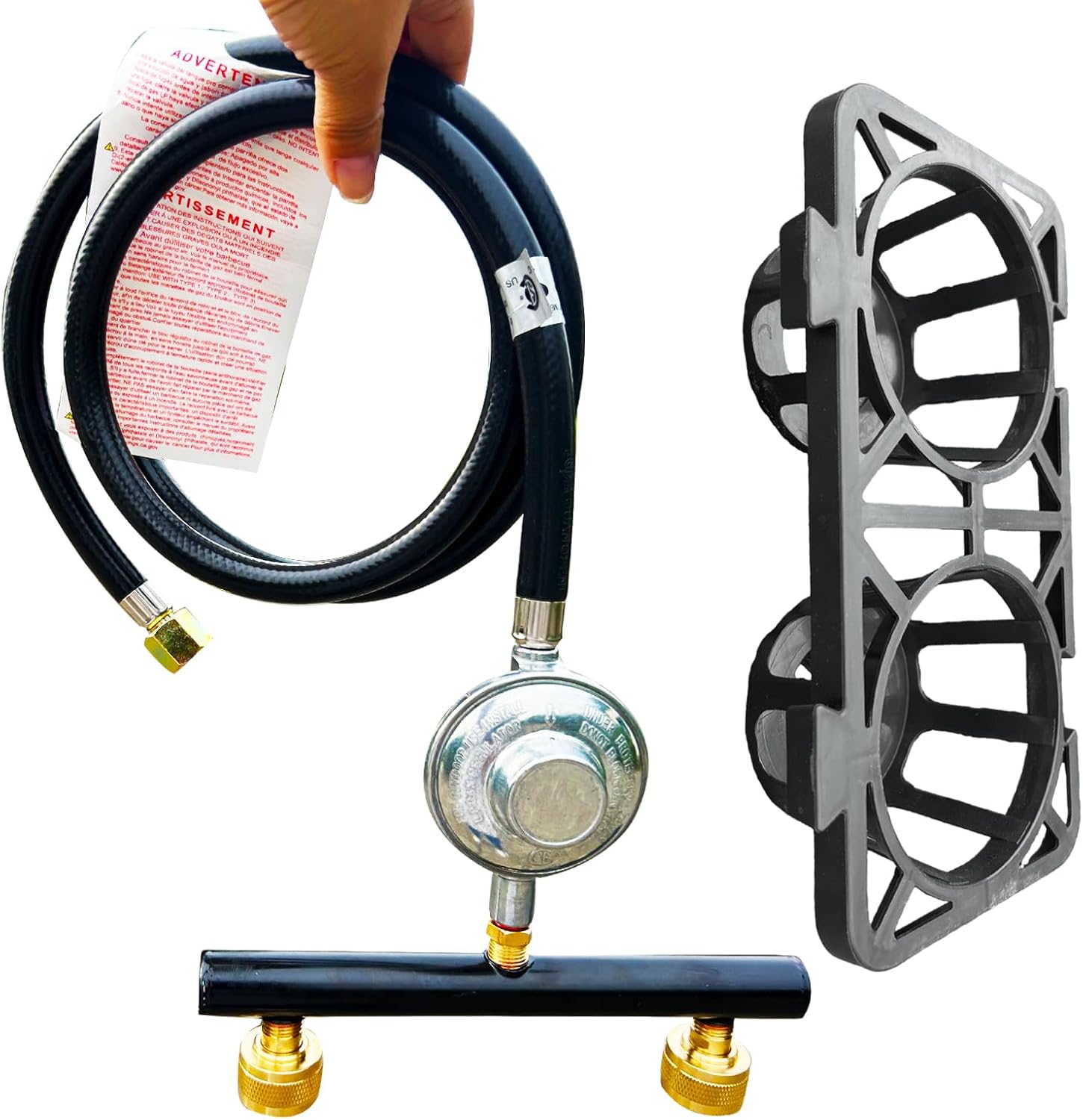 MENSI Dual Propane Regulator with 5FT Hose - Low Pressure, 1LB to 3/8" Swivel Flare Compatible for BBQ Grill, Heater, to Hook 1lb Small Bottle, Include Bottle Holder