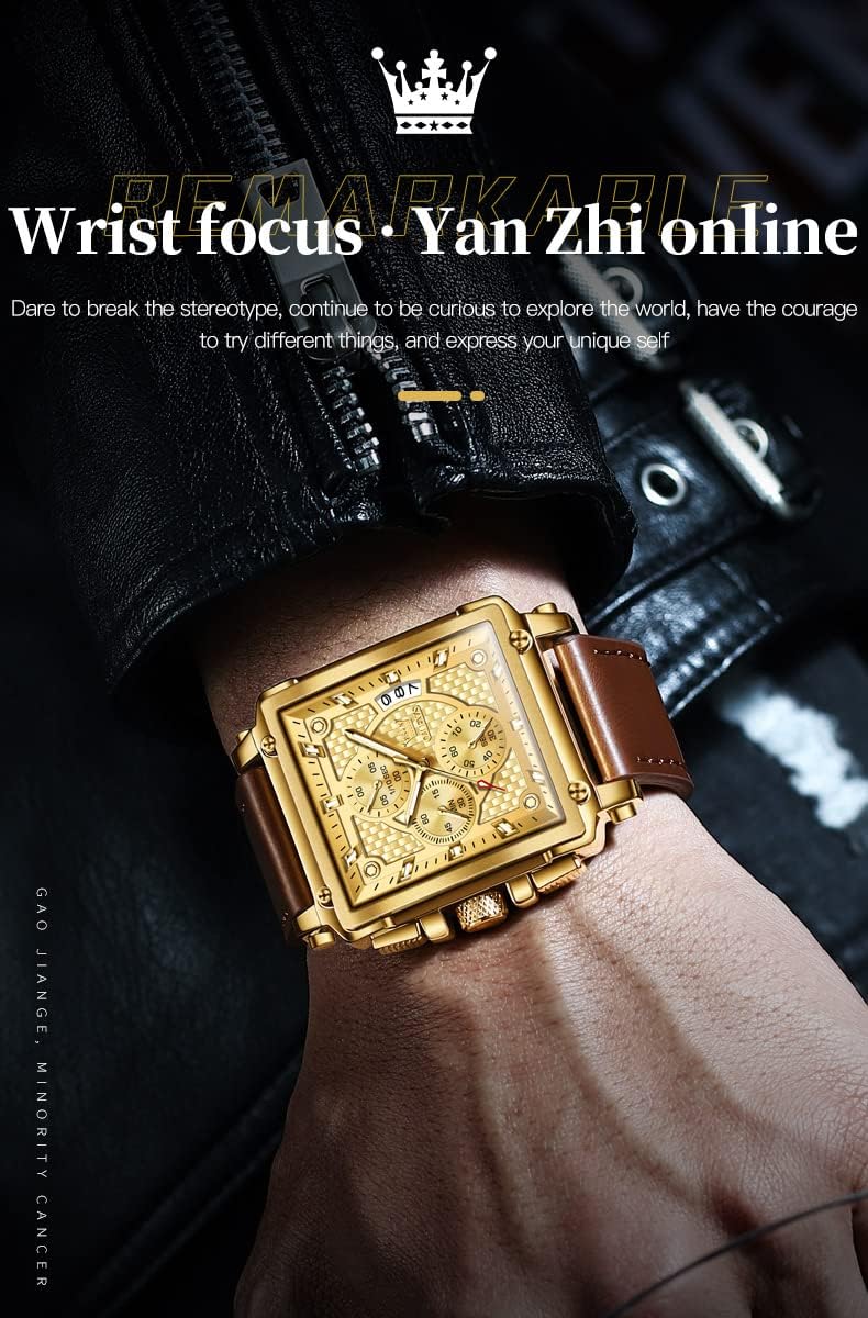 OLEVS Square Watches for Men Brown Leather Chronograph Fashion Business Watch Luminous Waterproof Casual Wrist Watches - Image 2