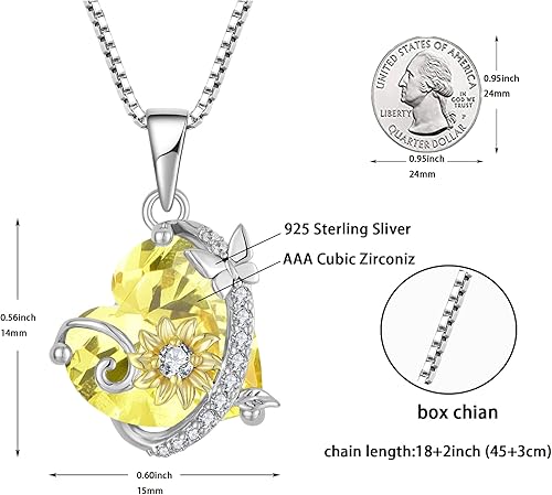 Miniatura 2 de Oskani Collar de corazón de mariposa y girasol para mujer, plata de ley 925 con circonita cúbica, joyería con colgante de piedra natal, regalos de