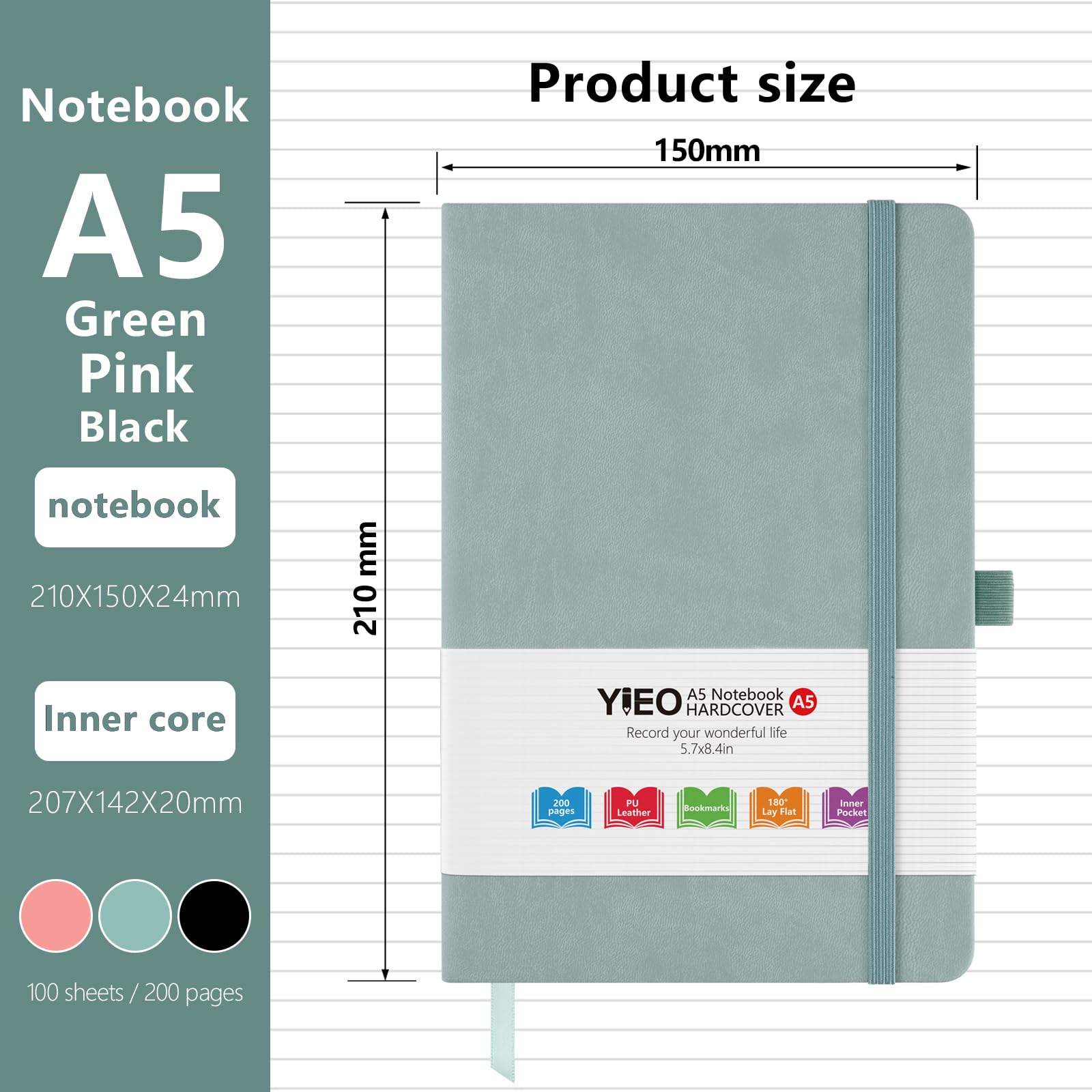 YIEO A5 Notebook, 3 Pack Notebook A5 200 Lined Pages 80GSM Journal Notebook Pu Leather Hardback Notepad with Elastic Loop - Image 2