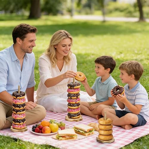 Miniatura 6 de Soporte de madera para donas, 8 piezas, soporte para mesa de postre, torre de exhibición de palitos de dona rústicos desmontables para bodas,