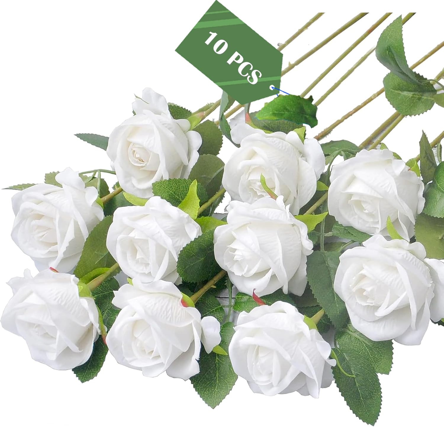 Hidawn Artificial Flowers Silk Roses,10pcs 20'' Real Looking Fake White Roses Long Stems Faux