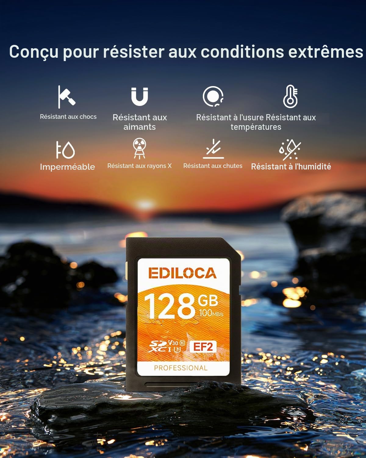 Ediloca EF2 Carte SD 128Go, Carte mémoire SD UHS-I, Lecture 100 Mo/s, écriture 90 Mo/s, C10, U3, V30, vidéo Full HD et 4K, pour photographes Professionnels