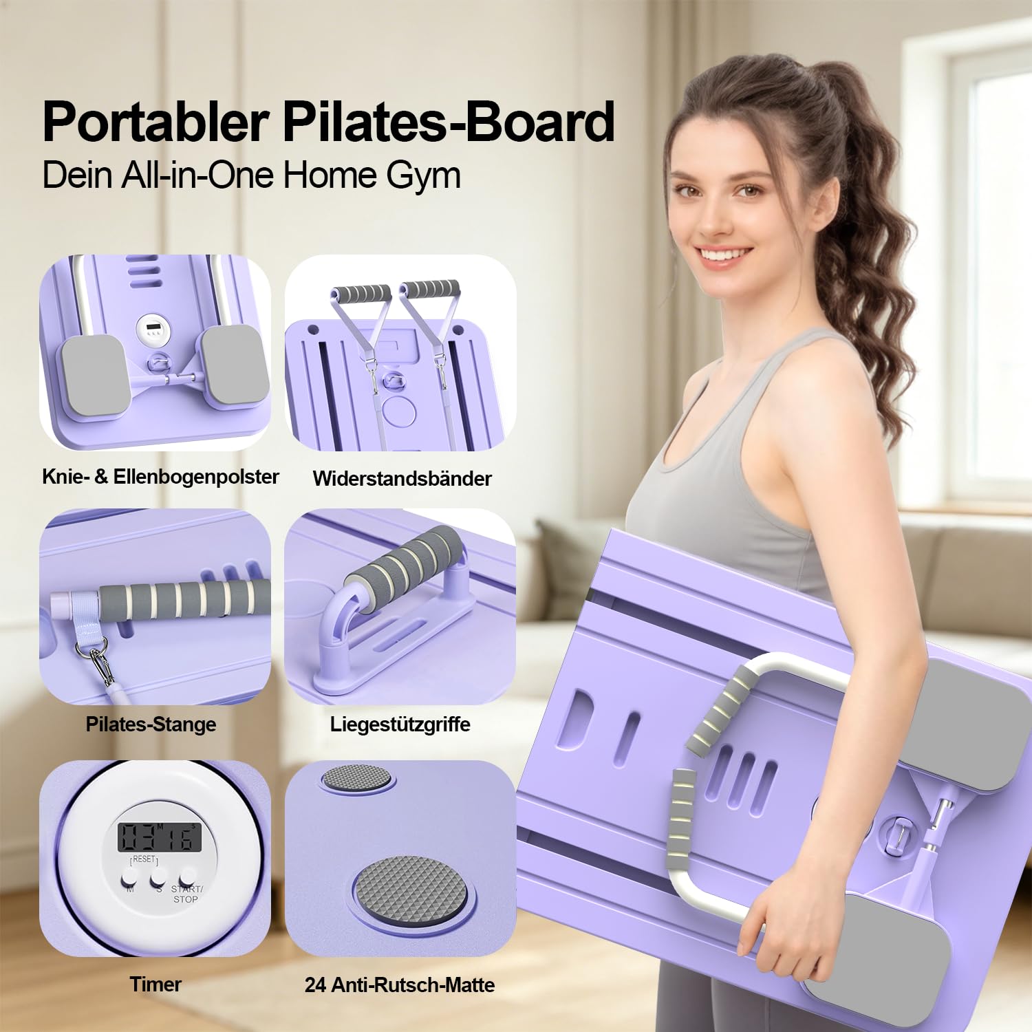 Pilates Reformer Board, Multifunzione 8 in 1 Pilates Reformer Pieghevole, Tavola da Pilates per Casa, Allenamento Completo, Rimbalzo Automatico, Barra da Pilates, Corda Elastica, Timer