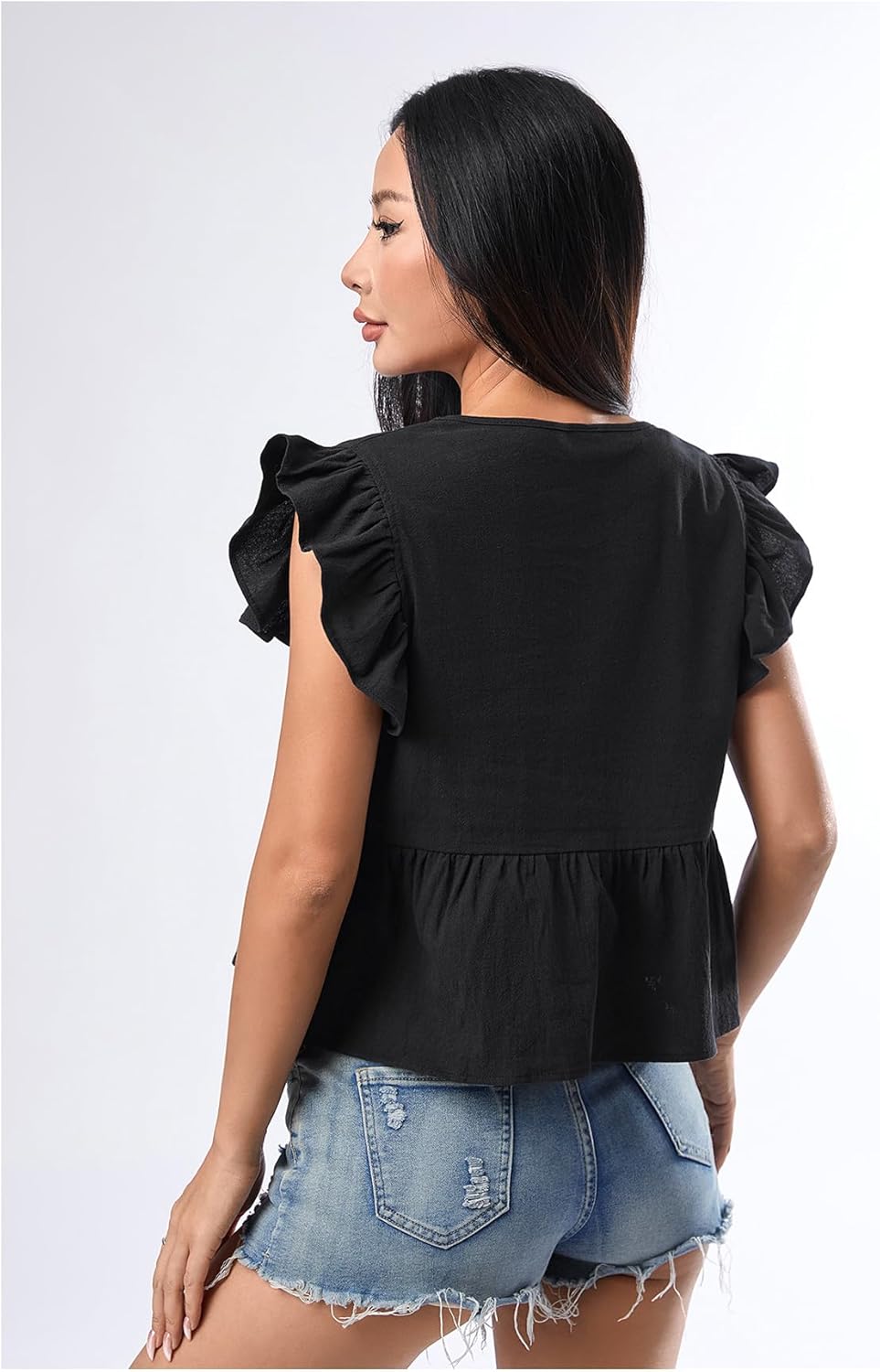 OYOANGLE Women's V Neck Ruffle Cap Sleeve Blouse Cute Flared Hem Babydoll Peplum Tops - Image 2