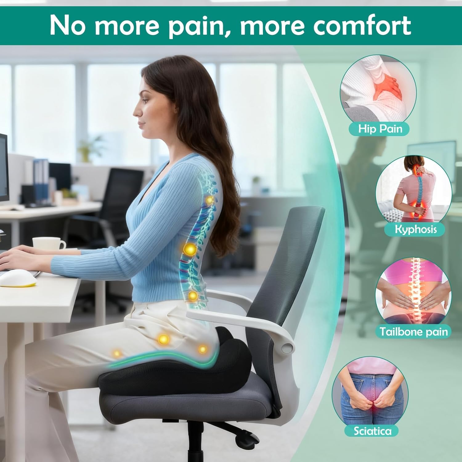 Cuscino Sedia Ufficio, Cuscino Ergonomico Memory Foam, Cuscino Ortopedico Seduta per Coccige, Allevia Sciatica e Dolori Lombari, Fodera Lavabile Antiscivolo, per Ufficio Casa Auto (Nero)