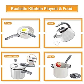 Bruvoalon 32Pcs Kids Play Kitchen Toys Set, Toddlers Pretend Cooking Playset Acccessories with Pots Pans, Utensils Cookware, Foods, Canned Veges, Learning Gift for Kids Girls Boys (White)