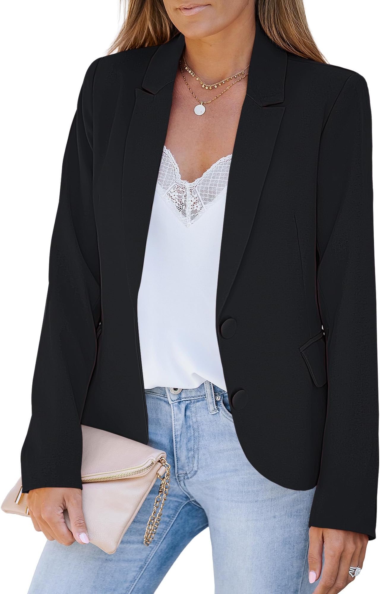 Womens Notched Lapel Pockets Button Work Office Blazer Jacket Suit