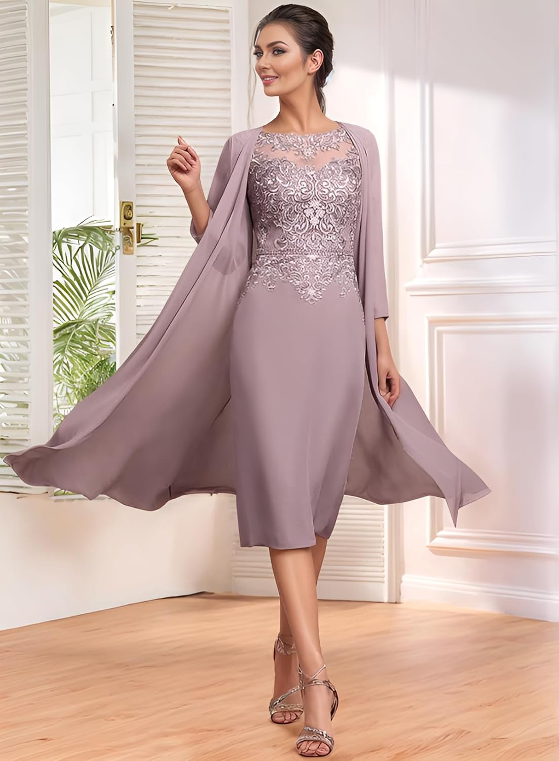 Two Piece Mother of the Bride Dress Tea Length Chiffon 3/4 Sleeves Lace Formal Wedding Guest Gown with Jacket