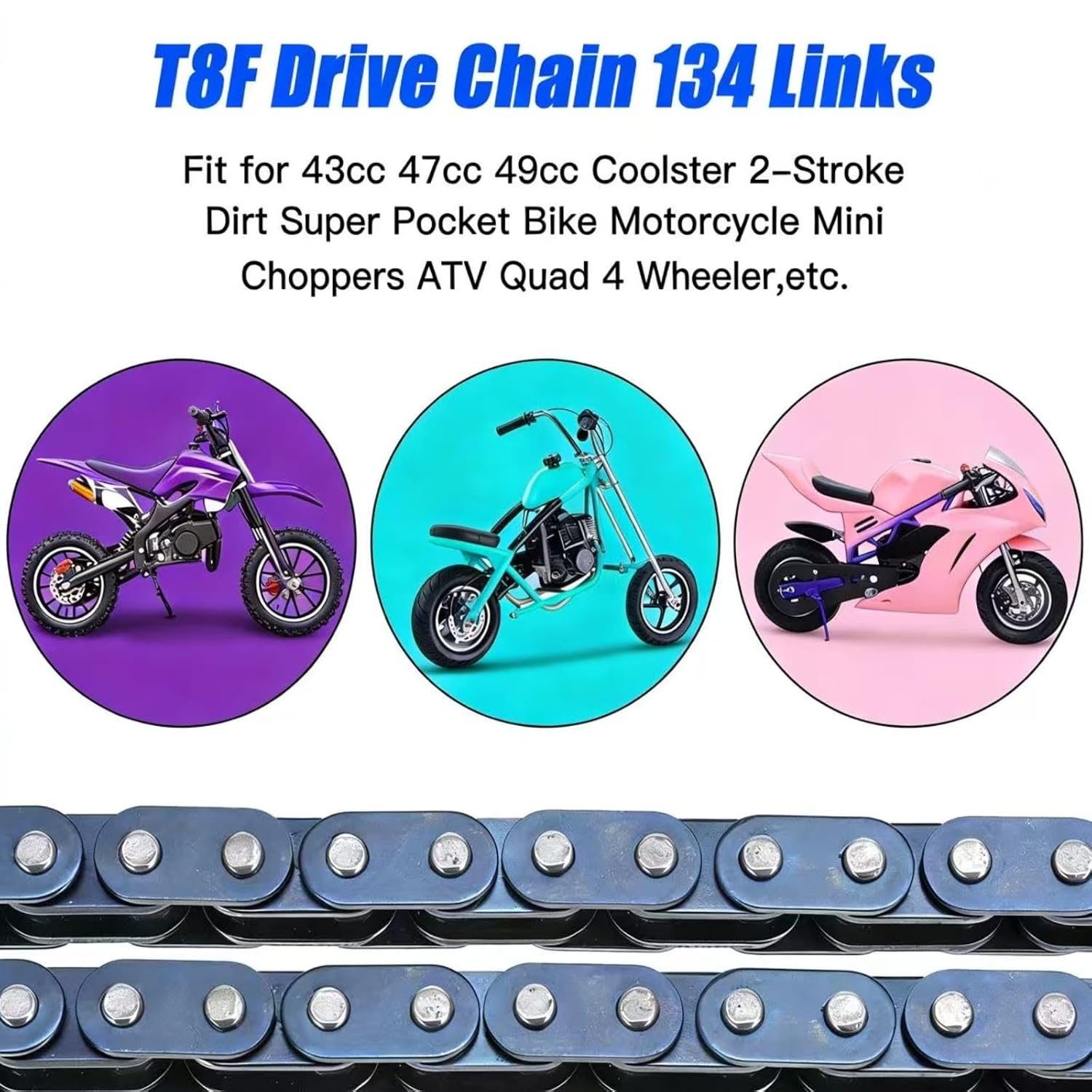 T8F Drive Chain 134 Link Breaker Compatible with SYX Moto 50cc Dirt Bike Mototec SSR X-pro Coolster 47cc 49cc 2 Stroke Engine Pocket Rocket Pit Bike Mini ATV Quad 4 Wheeler Go Kart Parts
