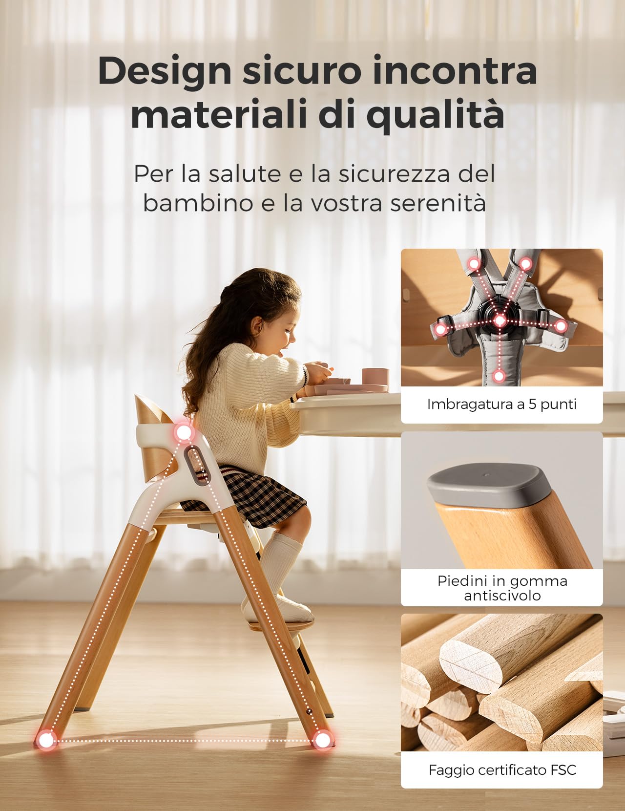 Momcozy DinerPal - Seggiolone in legno per neonati, bambini e adulti, fino a 140 kg | Seggiolone trasformabile con vassoio per alimenti, lavabile in lavastoviglie, regolabile ed ergonomico, in legno naturale