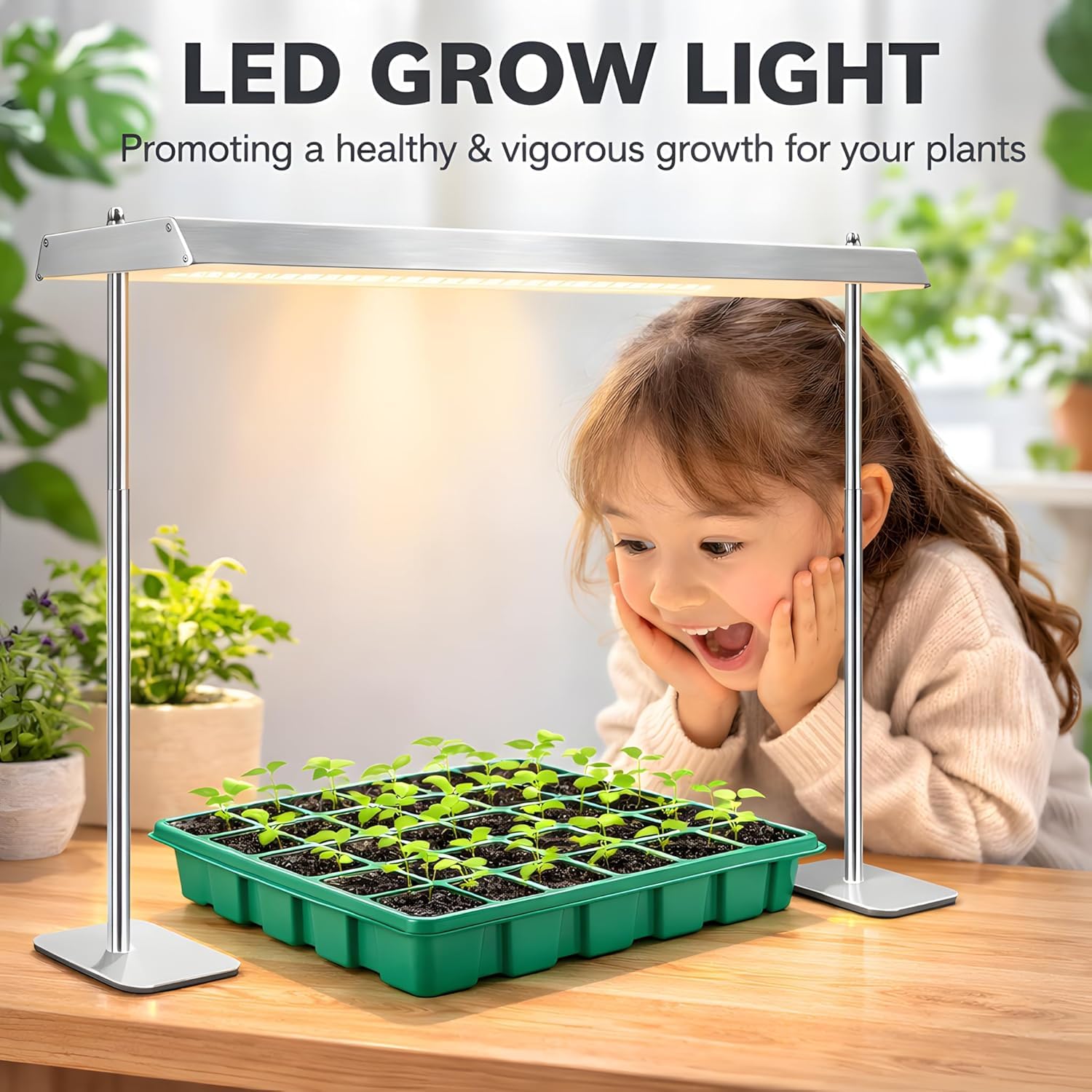 Lámpara LED de Cultivo con Pie, 60W Espectro Completo para Plantas de Interior, Temporizador 4/8/12H, 10 Niveles de Intensidad, Altura Ajustable 30-60cm