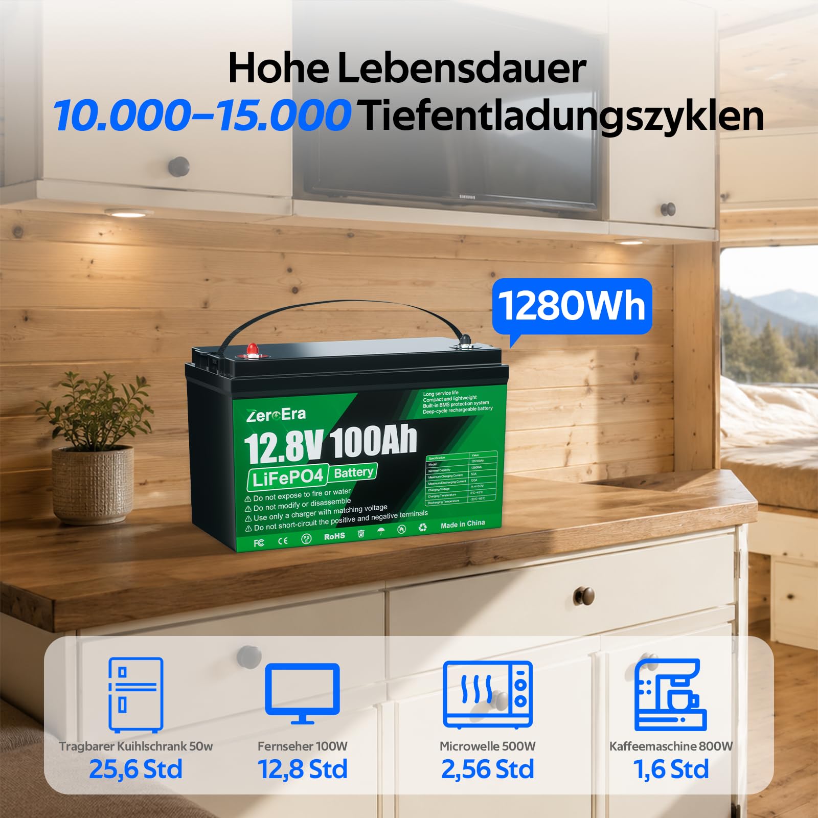 ZeroEra Akumulator LiFePO4 12 V 100 Ah, 1280 Wh, ochrona przed zimnem, 10000-15000 cykli, seria równoległa, RV Boot Off-Grid Solar Storag