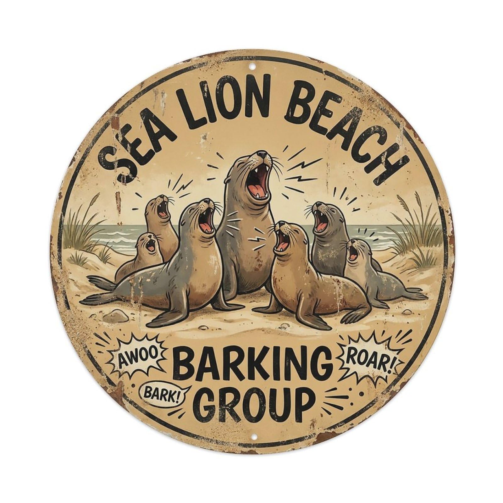 Cxhjca 8X8inch(20X20cm) Sea Lion Beach Barking Group Metal Tin Sign
