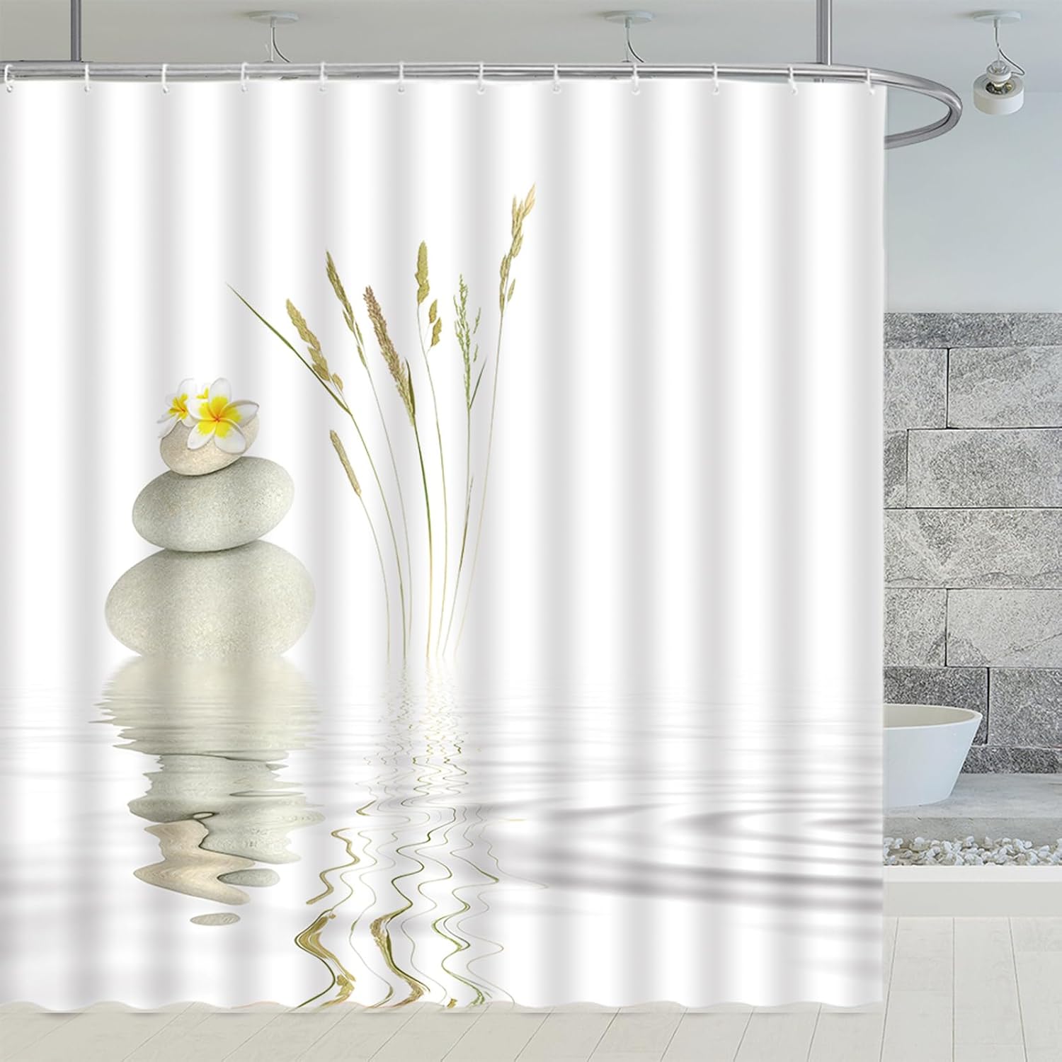 Zen Garden Shower Curtains White Flower Grey Stone Wild Plants Water Reflection Scenery Spa Themed Japanese Meditation Bathroom Decor Polyester Fabric Hanging Curtain Sets 87x70 Inch with Hook