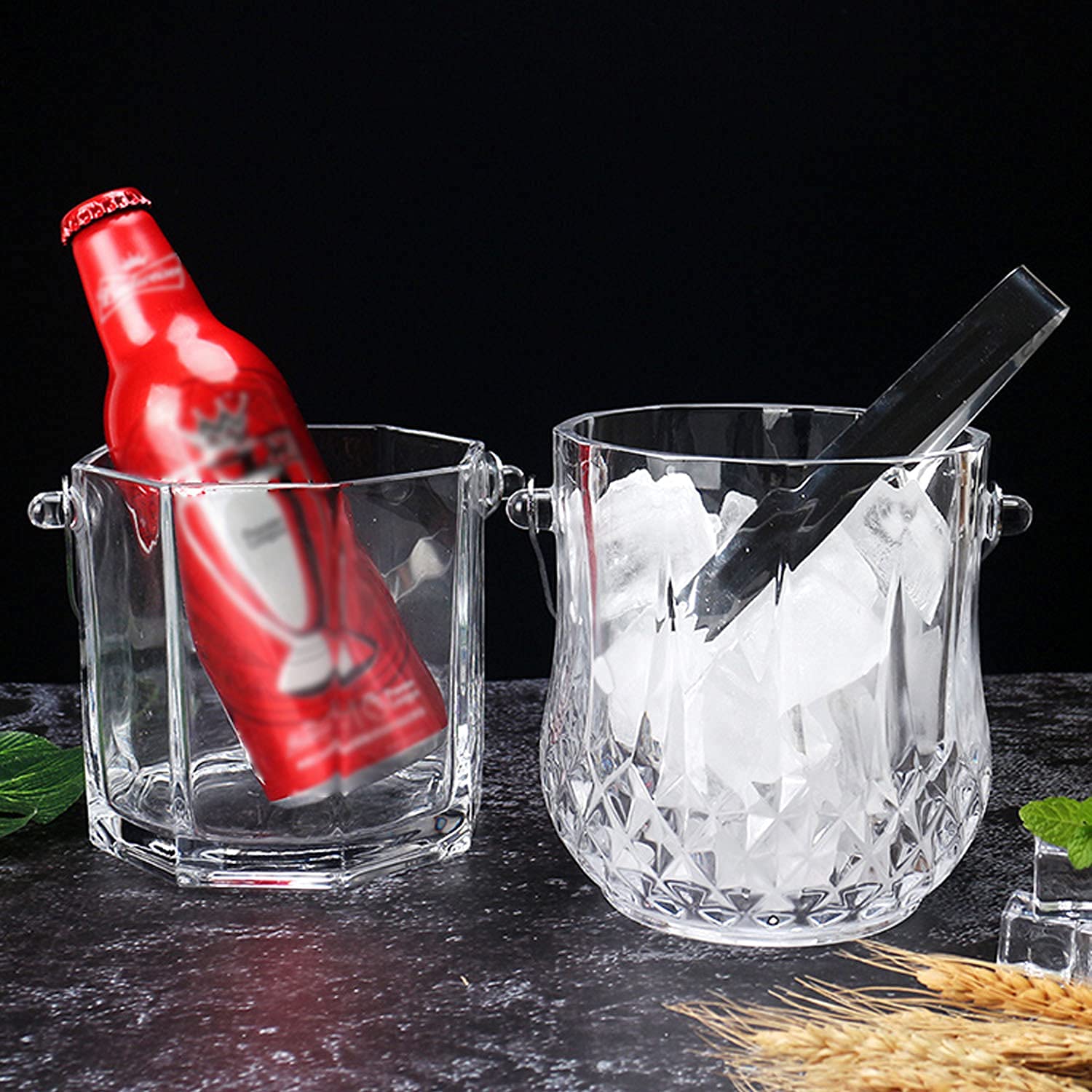Cubo de Hielo con Pinzas, Recipiente de Almacenamiento Transparente, Botellas de Vino, Cerveza o Acampada, Cubo de Hielo Transparente para Bebidas.