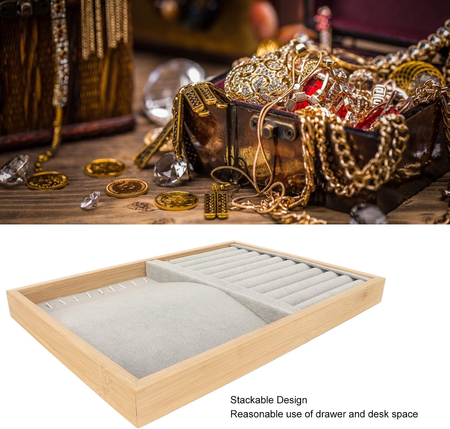 Jewelry Display Tray, Stackable Jewelry Storage Case, Scratch Proof Jewelry Drawer Insert with Flannel Lining for Earrings Necklaces Bracelets Pins, Organizer for Dressing Table an (Gray)
