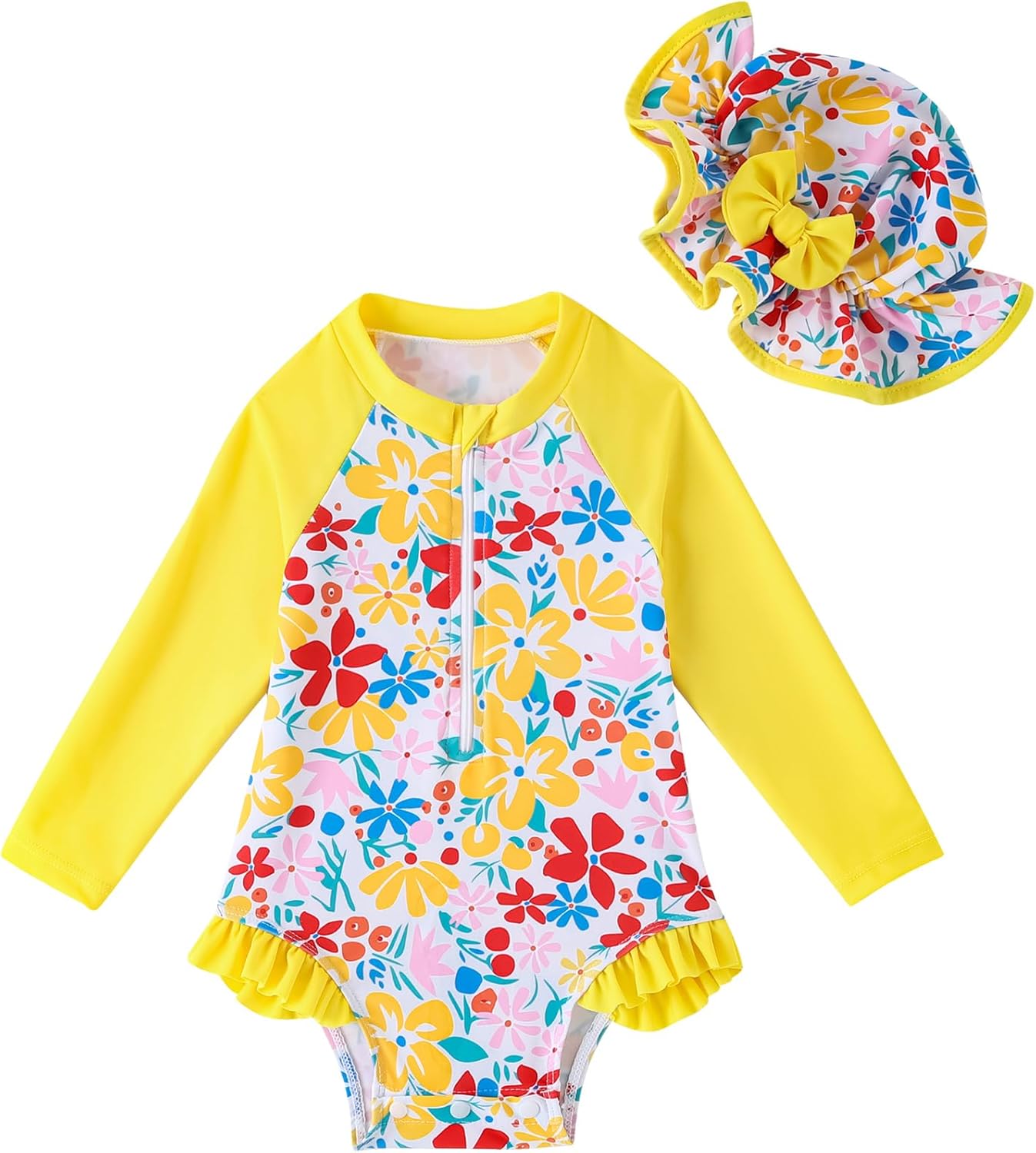 Baby Girl Swimsuit One-Piece Long Sleeve Rash Guard with Hat Set Strawberry/Flower Zipper Bathing Suit