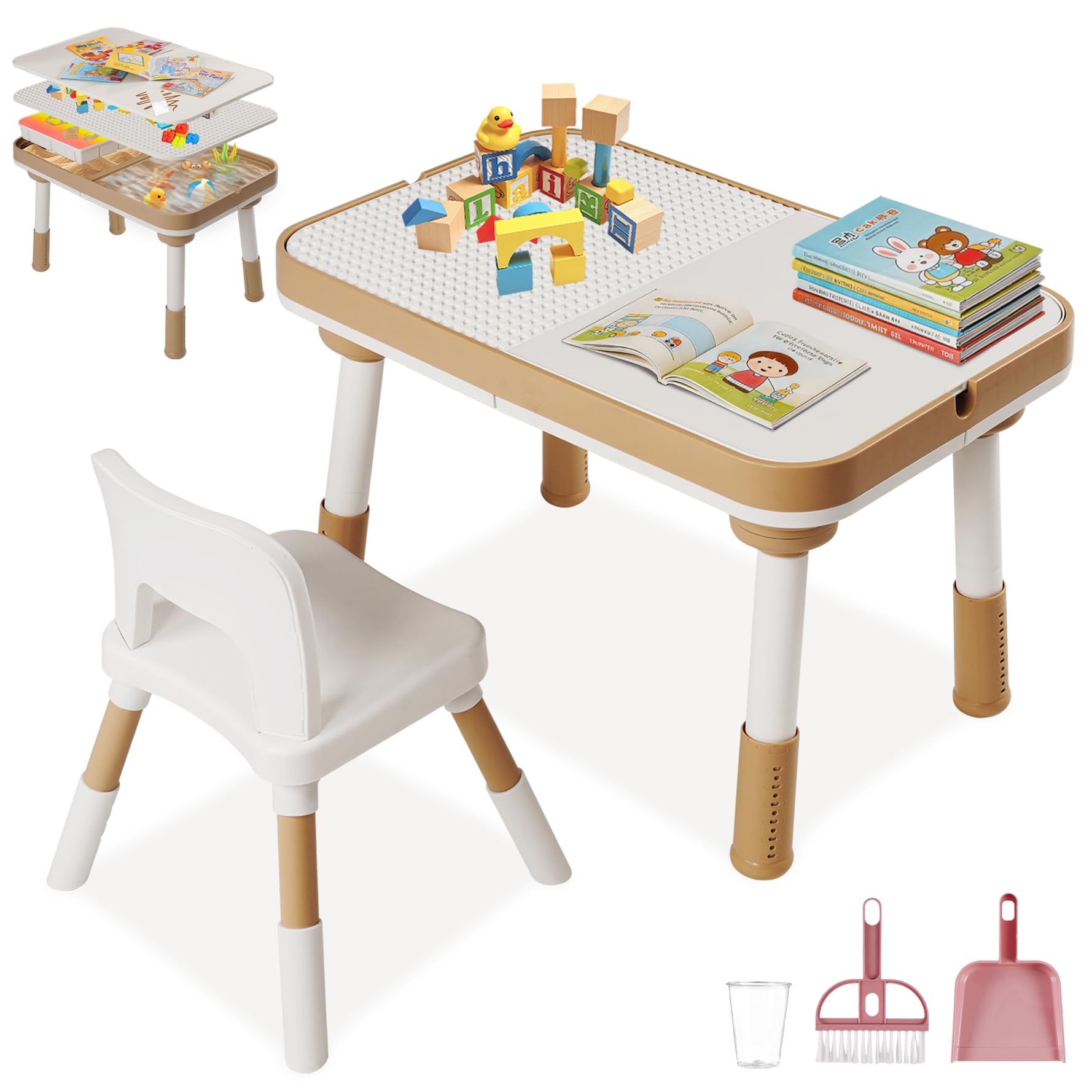 Tavolo per bambini con sedie, 6 in 1, regolabile in altezza, scrivania con mattoncini da costruzione, tavolo da disegno, tavolo da sabbia, tavolo da gioco per acqua, tavolo portaoggetti