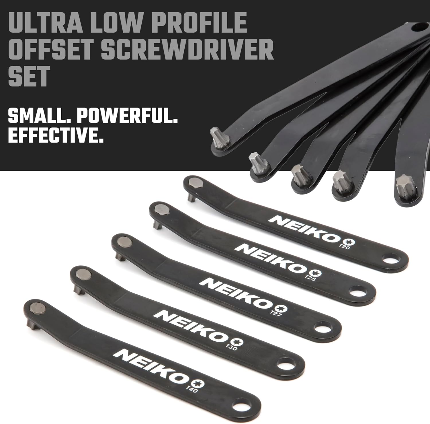 NEIKO 01325A Ultra Low Profile Offset Screwdriver Torx Set, 5 Pc, Heavy Duty S2 Steel Construction, 10mm Bit Depth, Angled Hex Bit, Bent Screwdriver for Tight Spaces, Allen Wrench Keychain
