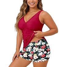 Women's Plus Size Tankini Set 2 Piece Tummy Control Bathing Suit Floral Print Swimsuit Modest Swim Top with Shorts V Neck Push Up Swimwear Swimming Costumes for Beach Holiday UK Size 16-24