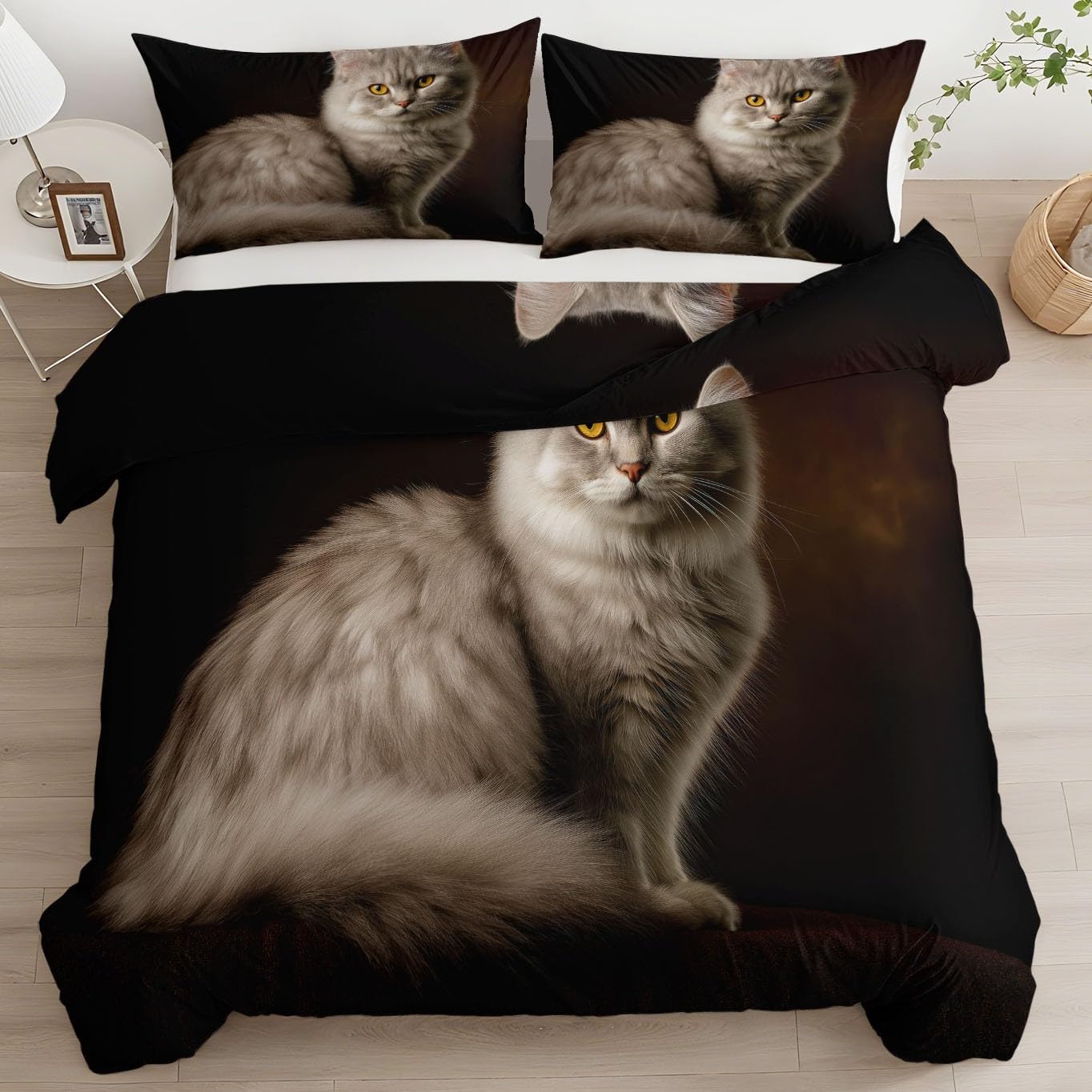 Générique Pościel dziecięca 140 x 200 cm Animal Maine Coon Poszwa na kołdrę Miękka i oddychająca mikrofibra, czarna pościel 1 osoba zapinane na zamek poszewki na poduszki 65x65cm