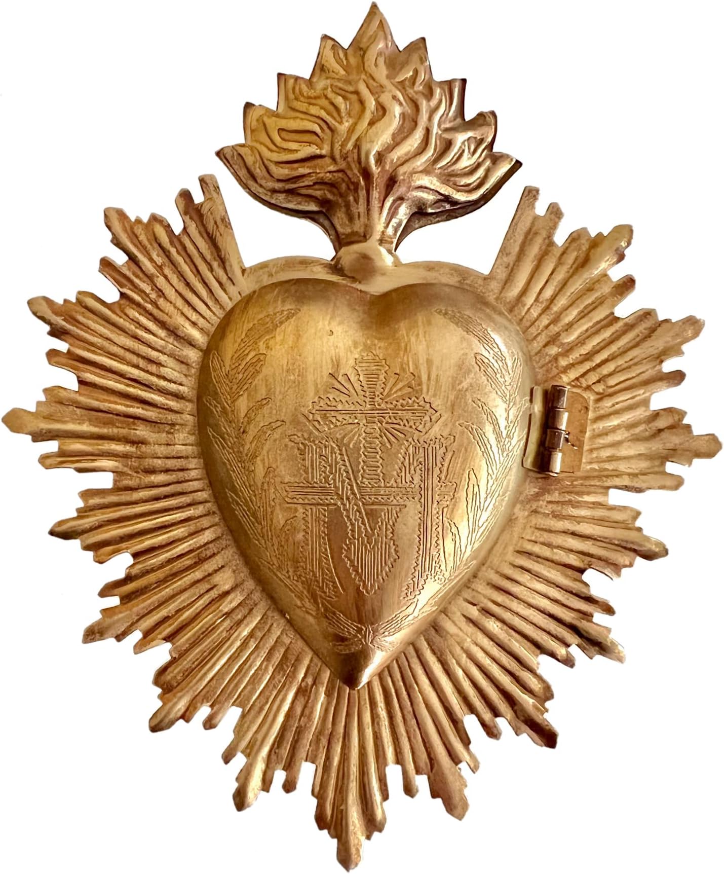 Sacred Heart, Metal Milagro, Heart Box, Ex Voto, Prayer Holder (Antique Gold)