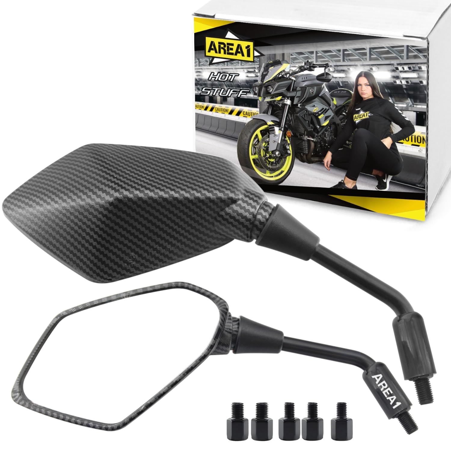 Area1 Juego de espejos retrovisores para motocicleta (derecha+izquierda) "aspecto de carbono" con certificado E 2 x M10 derecho compatible con Moto