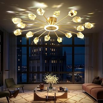 Flashing God Semi Flush Mount Ceiling Light,16-Lights Sputnik Chandeliers Gold,Chandelier for Dining Room Living Room Dimmable 2700k 4500k 6000k