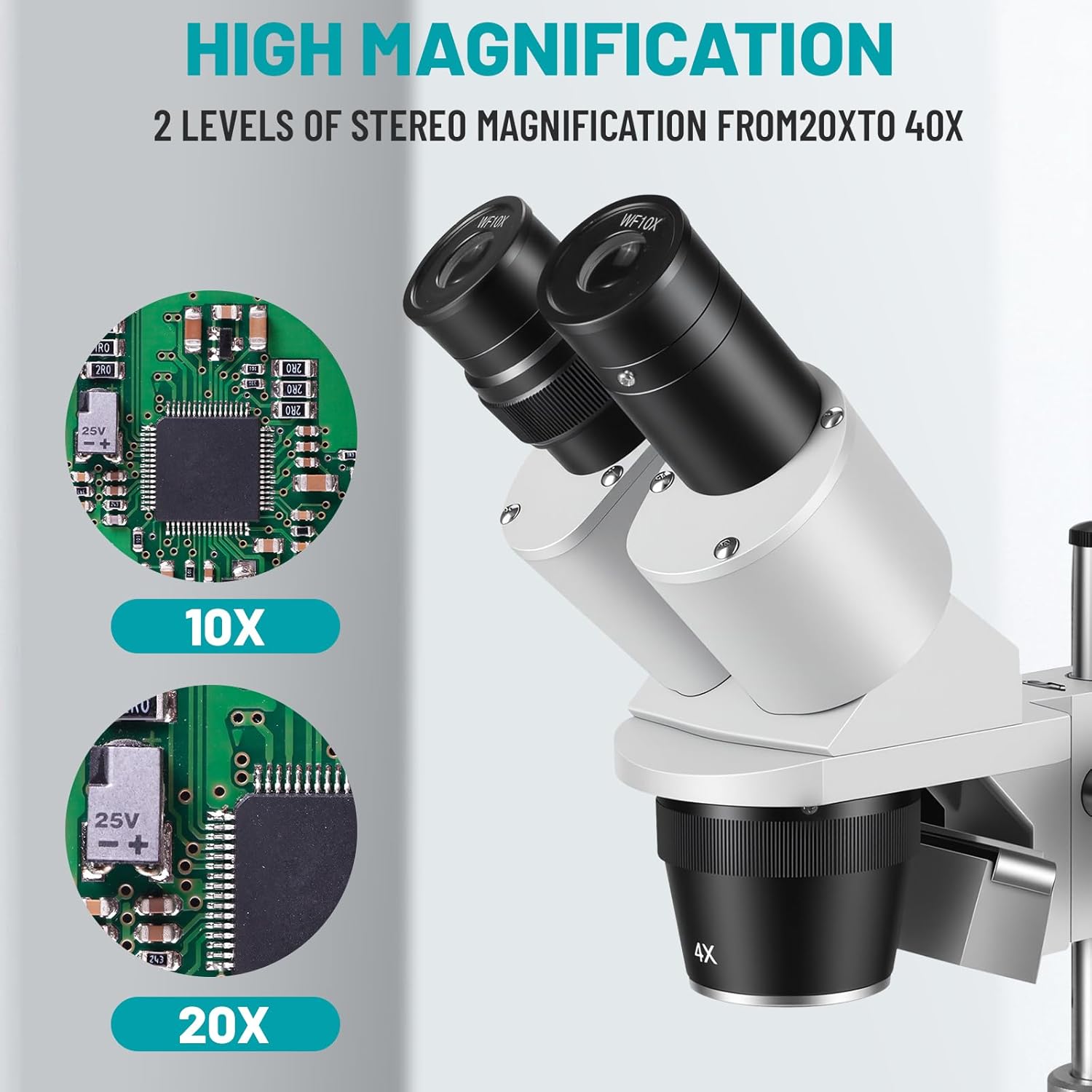 Stereo Microscope，Binocular Microscope, WF10x and WF20x Eyepieces, 10X-80X Magnification, Upper and Lower LED Light Source, Pillar Stand,120V Power Supply and Lithium Battery