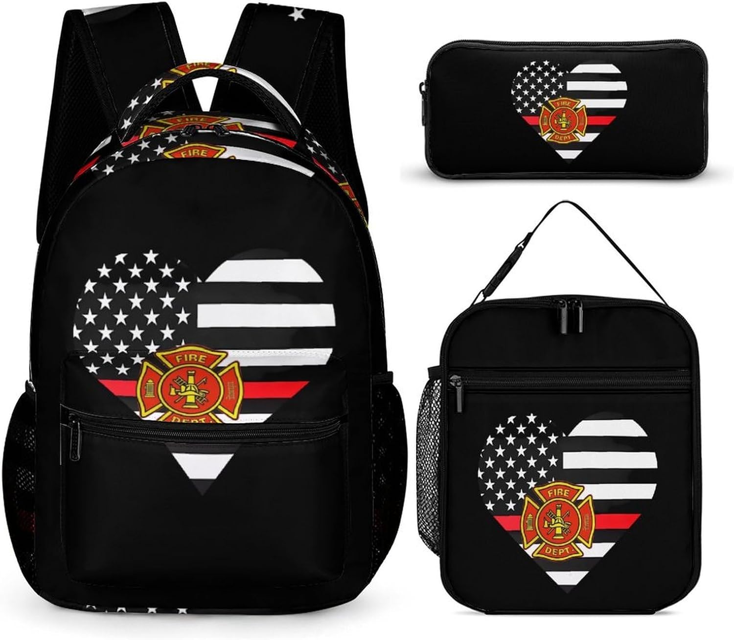 Firefighter Flag Novelty Backpack Set with Lunch Bag Pencil Cases