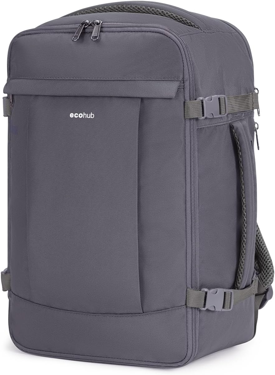 ECOHUB Ryanair Cabin Bags 40x20x25, 20L Anti-theft Underseat Carry On Travel Backpack, Recycled Hand Luggage Bag with Laptop Compartment, Flight Rucksack bag for men women, Grey (Patent Pending)