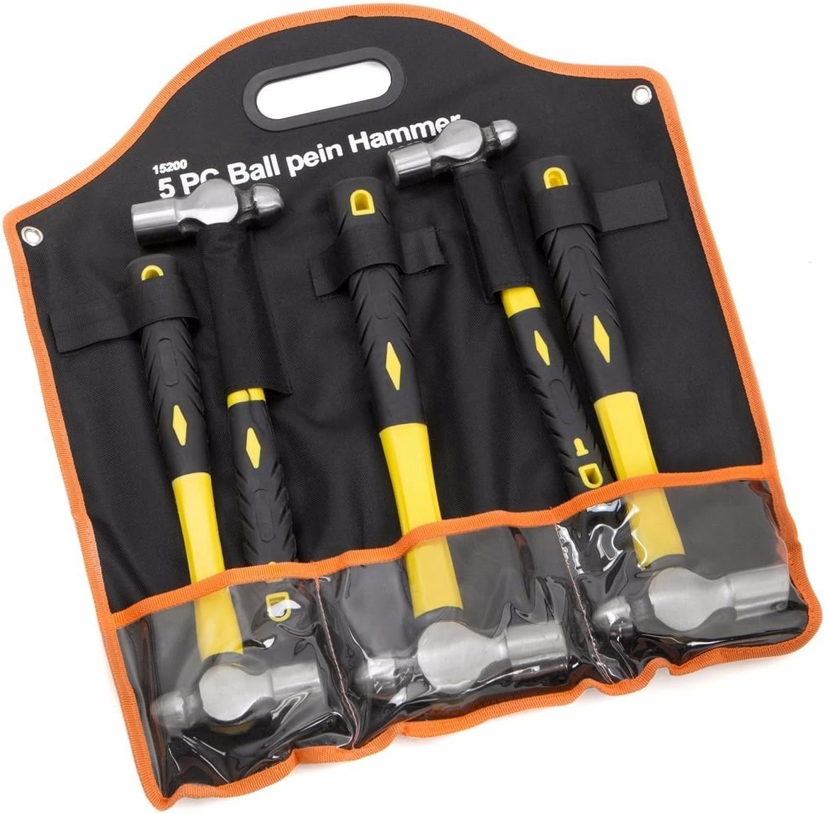 Hammer Mallet - Ball Pein, Carbon Steel & Steel Head, Fiberglass & Steel Handle, 5 Piece Set - 8, 12, 16, 24, 32 oz, Black/Yellow