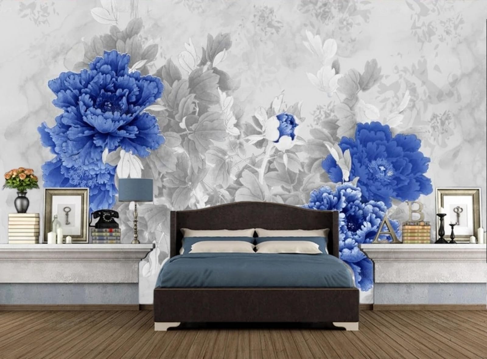 Carta da Parati Panoramica Intissato Fiori Blu,Arte,Zen Wallpaper per Camera da Letto, Soggiorno 430x300cm