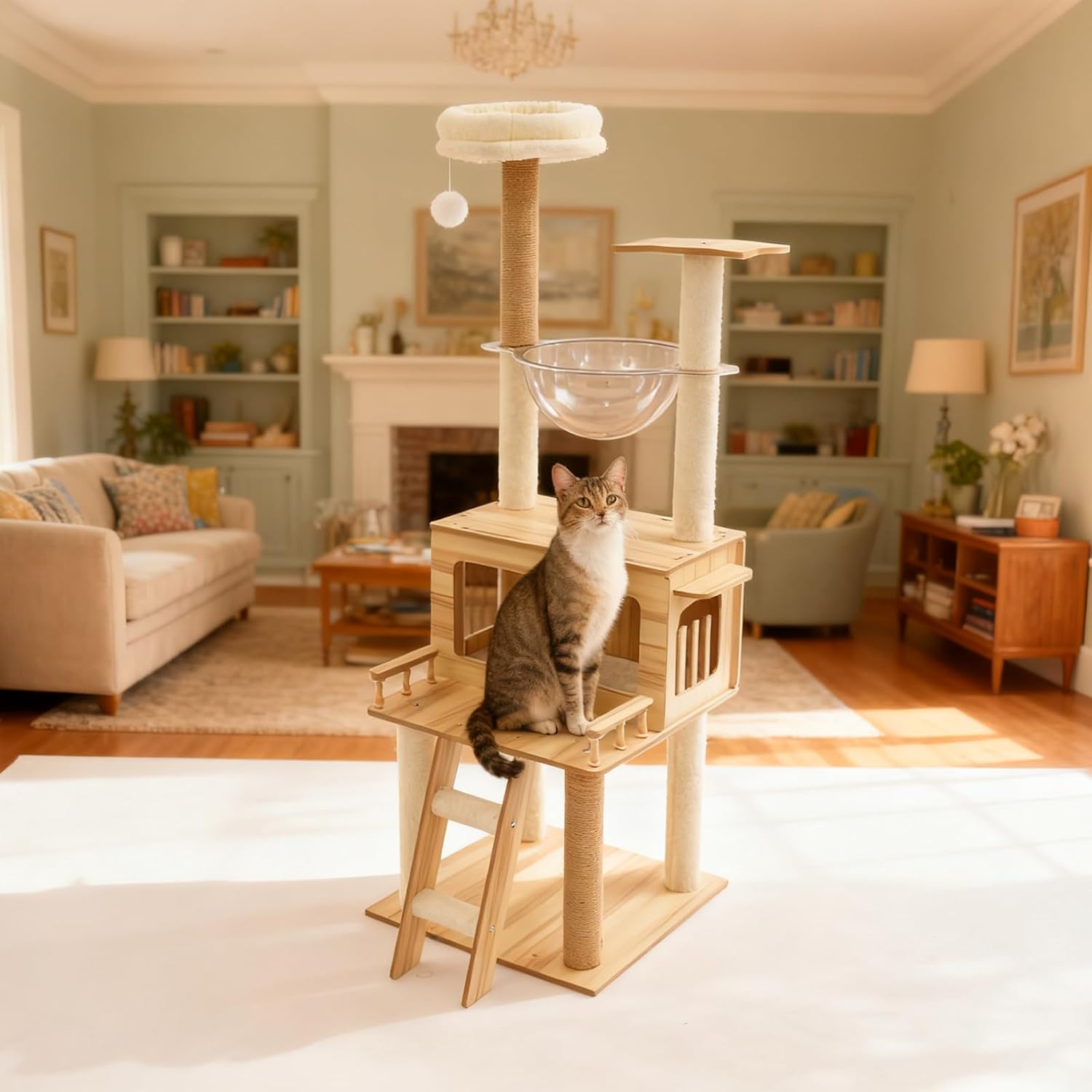Cute Cat Tower 58 Inches, Multi-Level Cat Tree for Indoor Activity Cats, with Ladder Swing Ball Space Capsule, Cat Condo House for Cute Large Cats Kitten