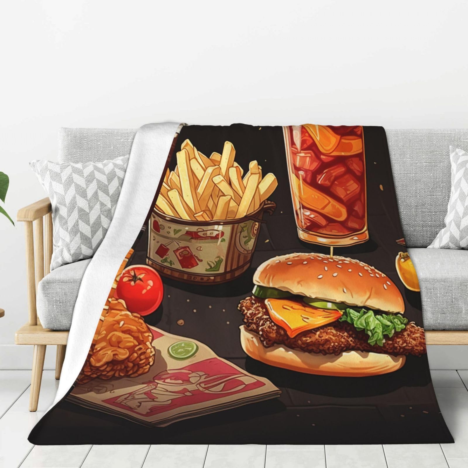 Chicken Leg Burger Drink Throw Blanket Plush Flannel Fleece Blanket, Soft Lightweight Cozy Blankets 50"X40" for Bed Couch Sofa Travel