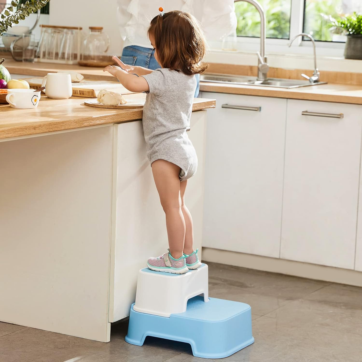 Two Step Stool for Kids, Double up Toddler Step Stool for Potty Training, Kitchen, Bathroom, Toilet Stool with Anti-Slip Strips for Safety, Stackable, Wide Step (1 Pack Blue) : Baby